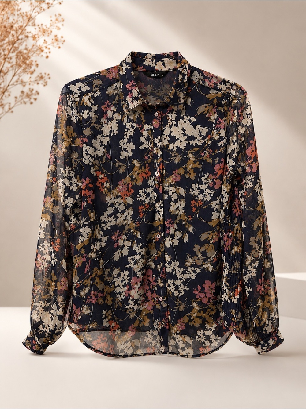 ONLY Navy Floral Sheer Button Front Blouse Long Sleeve Size M NWT